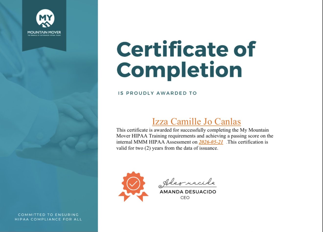 HIPAA Training Certificate of Completion